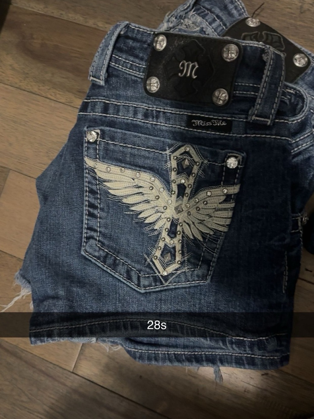Miss Me Dark Blue Denim Shorts with Wing Embroidered Pocket